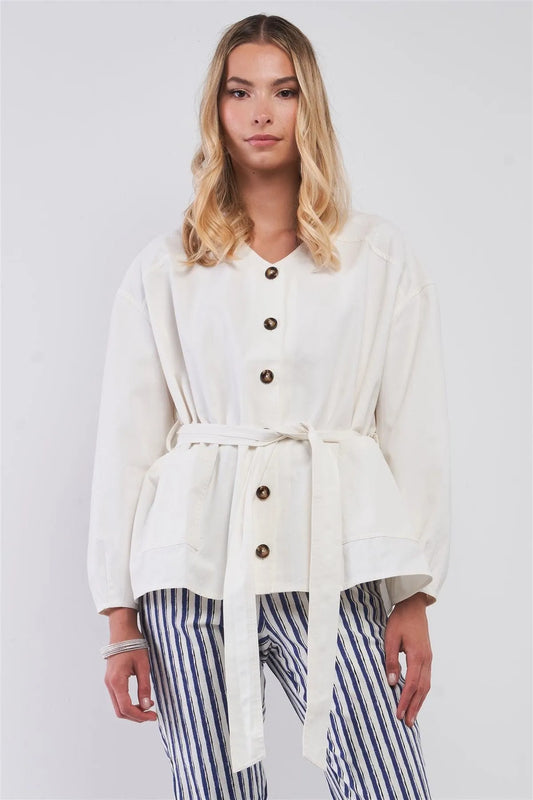 Off-White Balloon Sleeve Button-Down Front Self-Tie Belted Oversized Summer Jacket - Tasha Apparel Wholesale