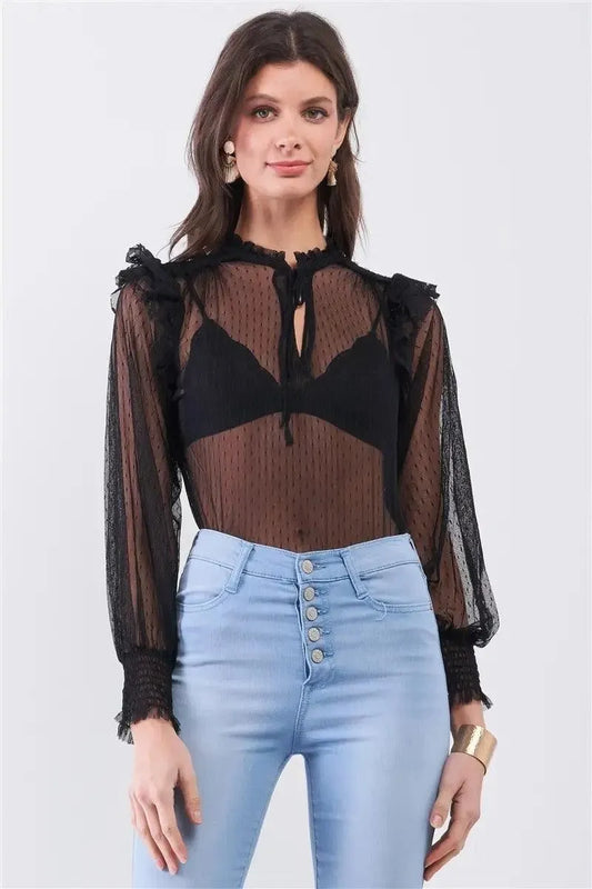 Black Sheer Mesh Polka Dot Frill Trim Long Sleeve Bodysuit /3-1-1 - Tasha Apparel Wholesale