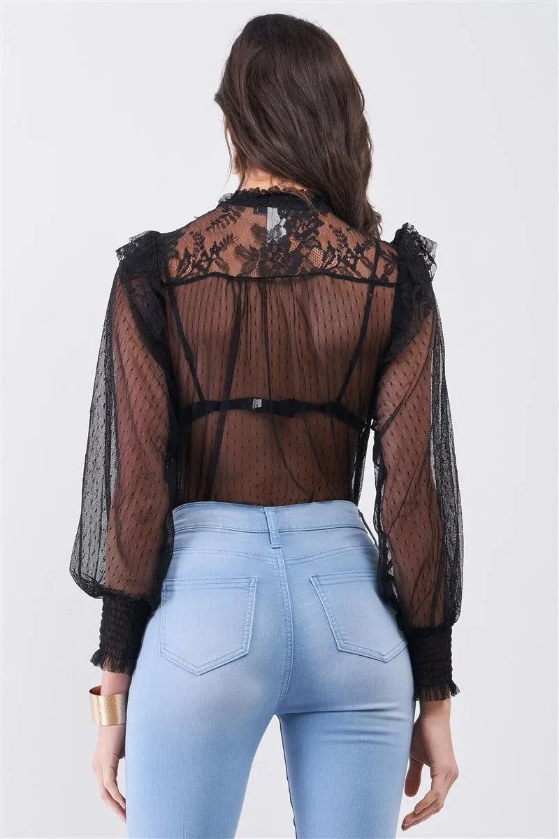 Black Sheer Mesh Polka Dot Frill Trim Long Sleeve Bodysuit /3-1-1 - Tasha Apparel Wholesale