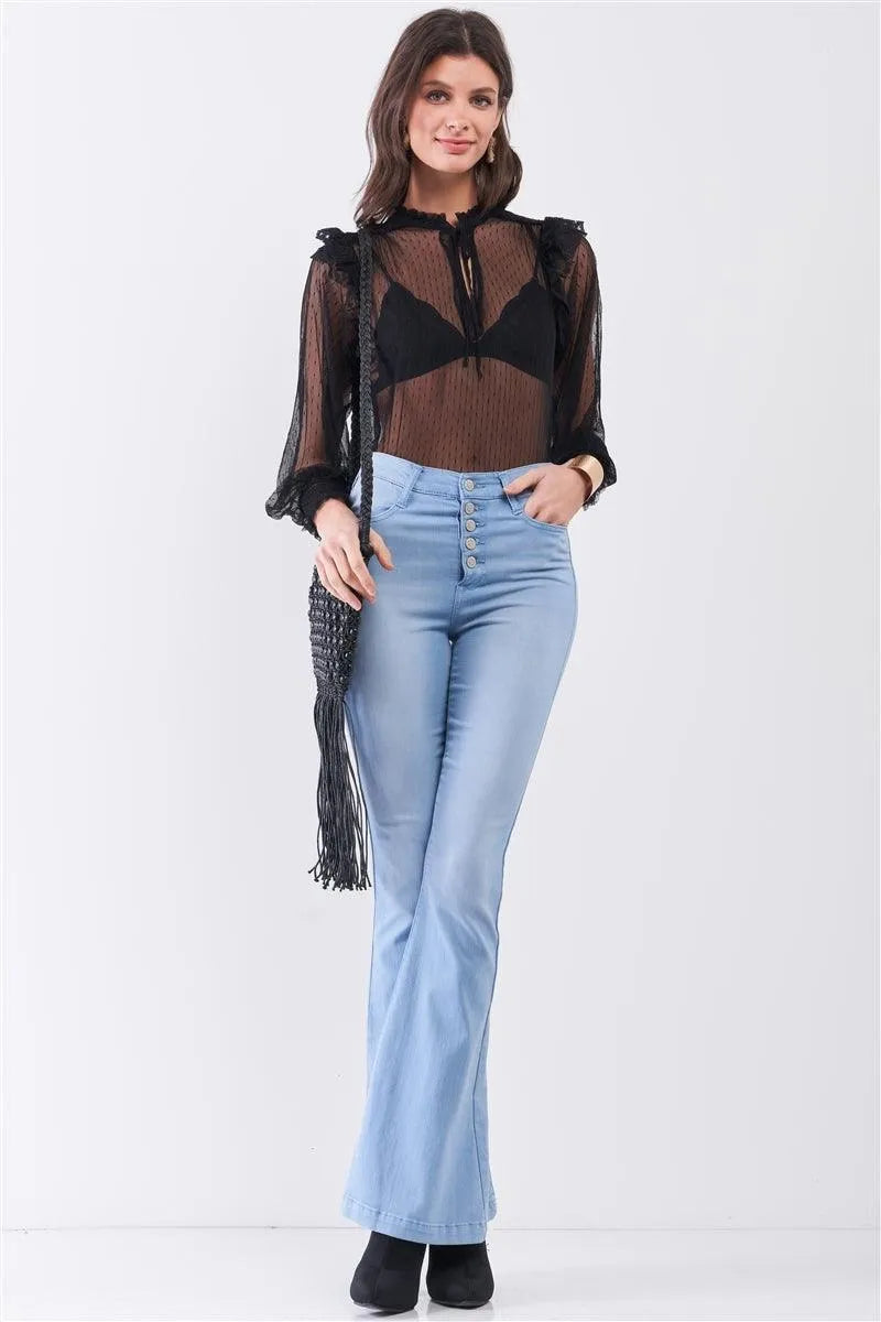 Black Sheer Mesh Polka Dot Frill Trim Long Sleeve Bodysuit /3-1-1 - Tasha Apparel Wholesale