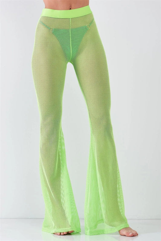 Neon Green Sheer Tennis Net Mesh High Waist Bell Bottom Pants /2-2-2-1 - Tasha Apparel Wholesale