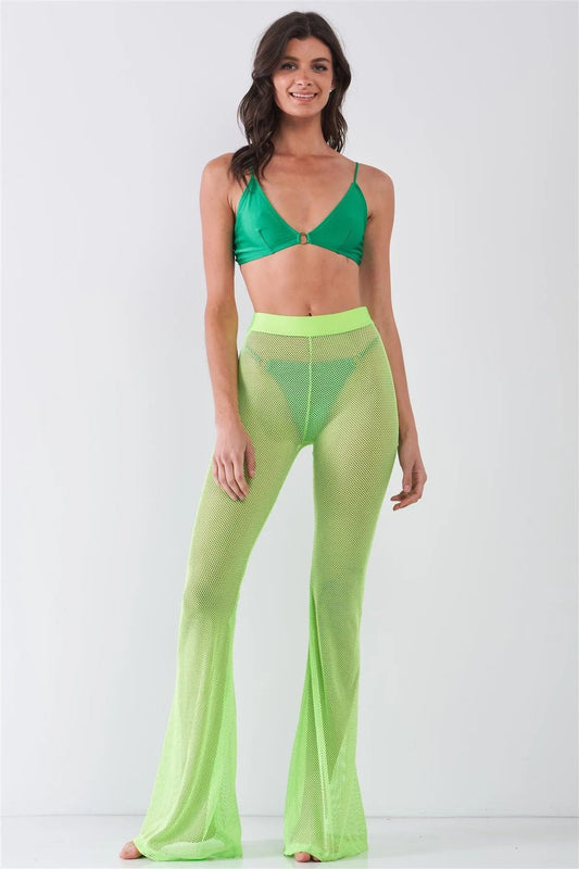Neon Green Sheer Tennis Net Mesh High Waist Bell Bottom Pants /2-2-2-2 - Tasha Apparel Wholesale