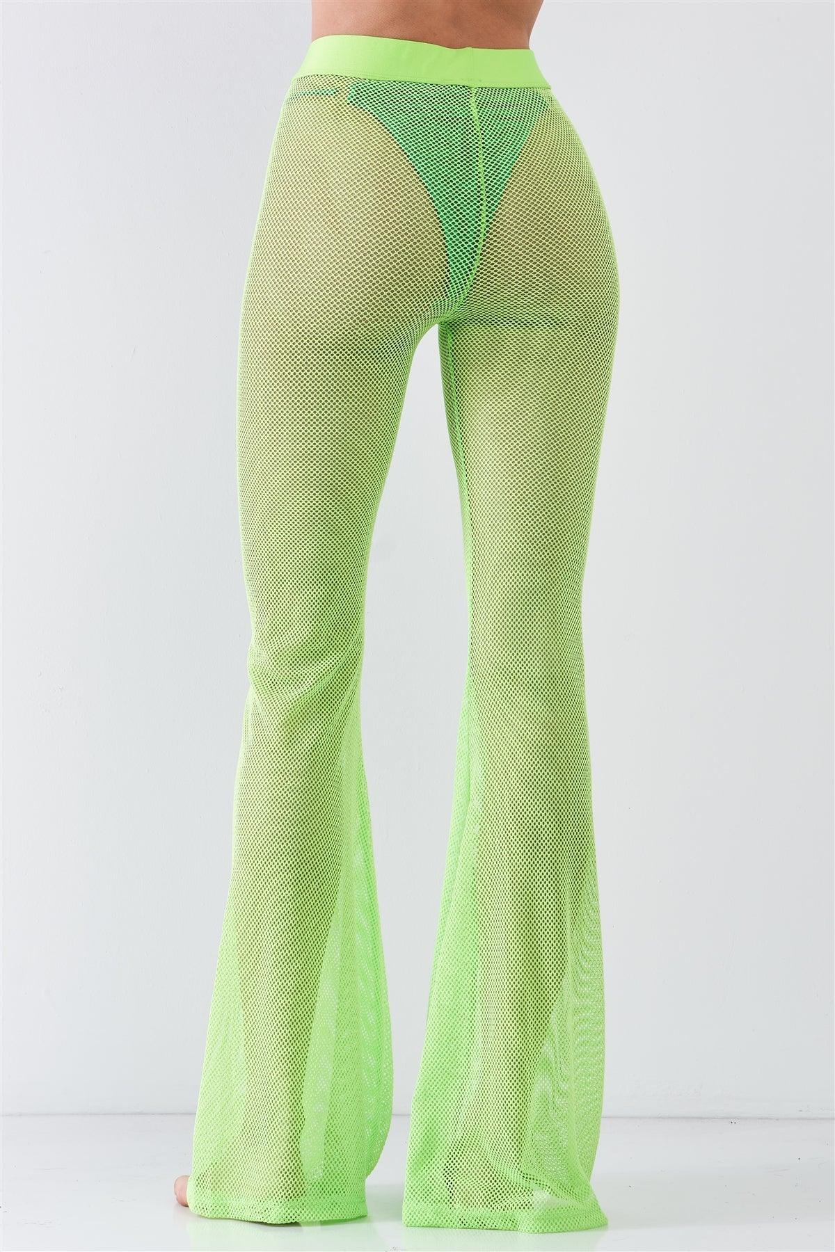 Neon Green Sheer Tennis Net Mesh High Waist Bell Bottom Pants