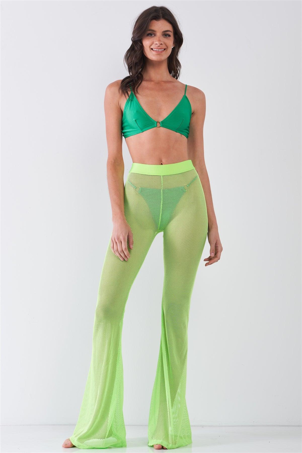 Neon Green Sheer Tennis Net Mesh High Waist Bell Bottom Pants