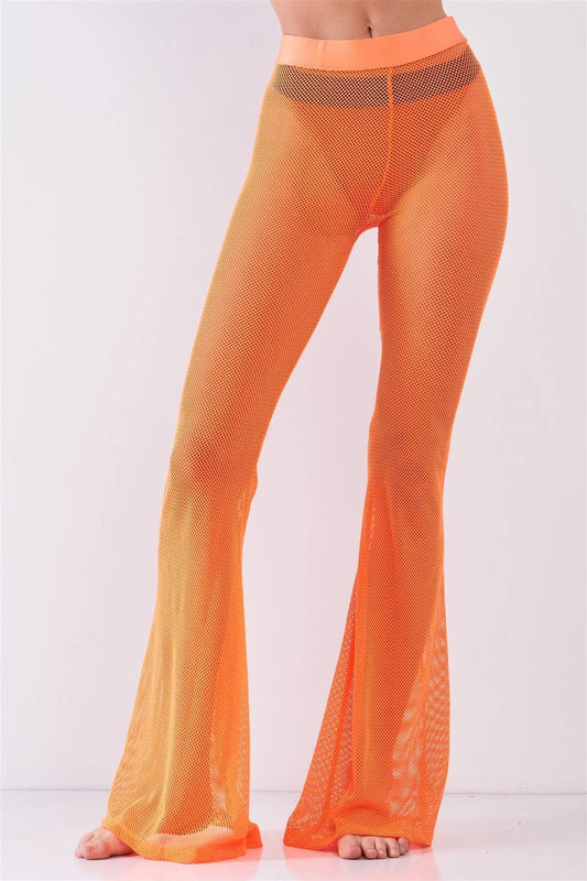 Neon Orange Sheer Tennis Net Mesh High Waist Bell Bottom Pants - Tasha Apparel Wholesale