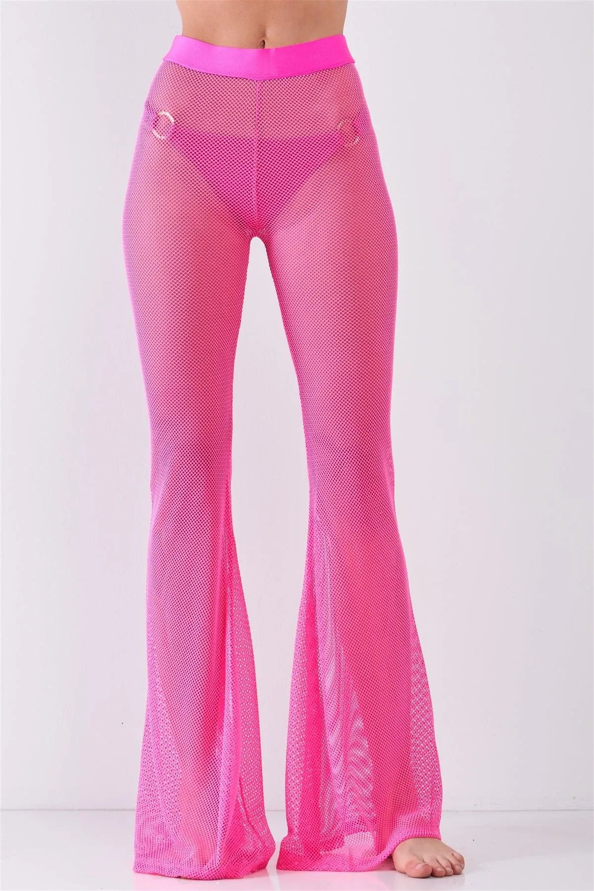 Neon Pink Sheer Tennis Net Mesh High Waist Bell Bottom Pants /2-2-2-1 - Tasha Apparel Wholesale