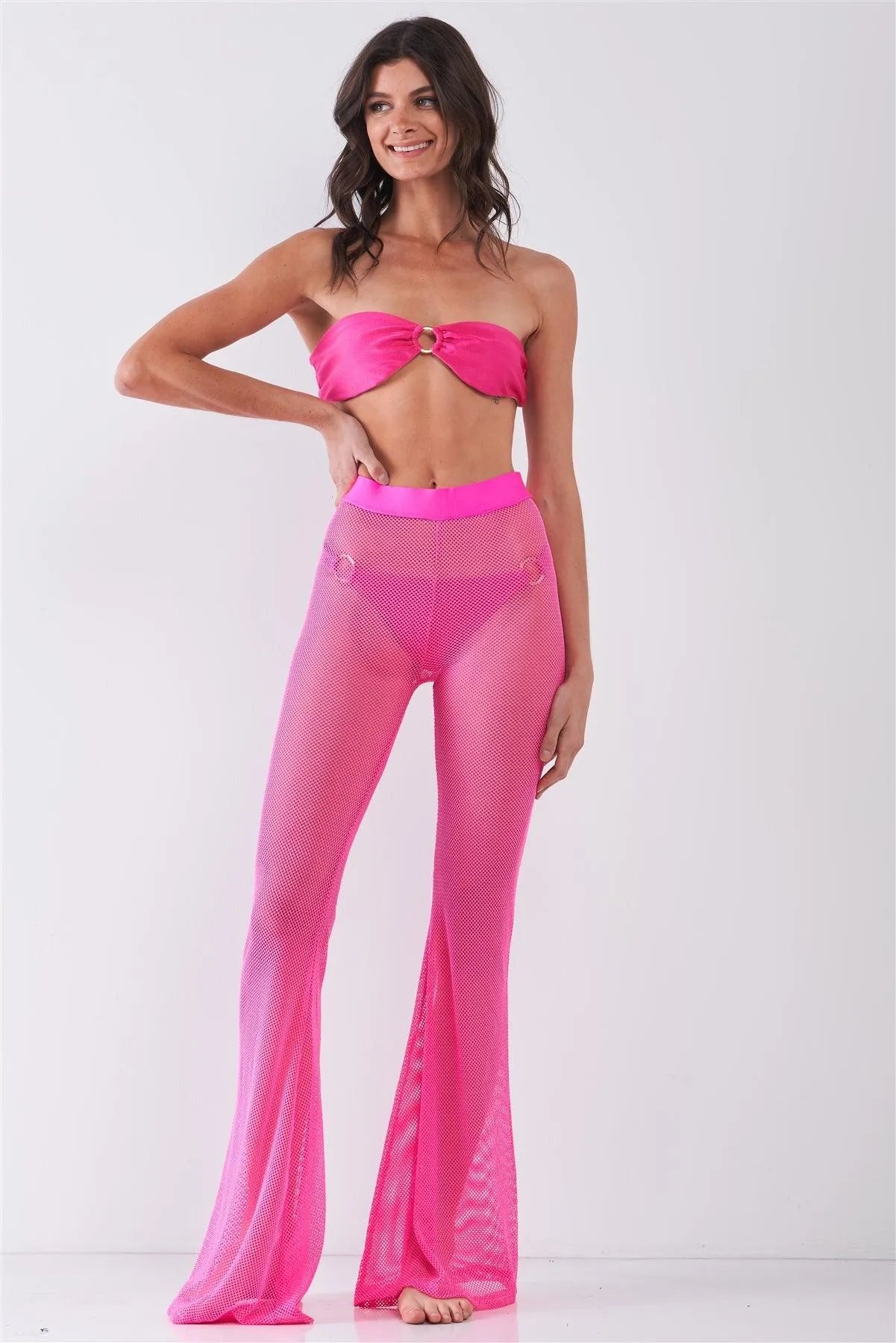 Neon Pink Sheer Tennis Net Mesh High Waist Bell Bottom Pants /2-2-2-1 - Tasha Apparel Wholesale