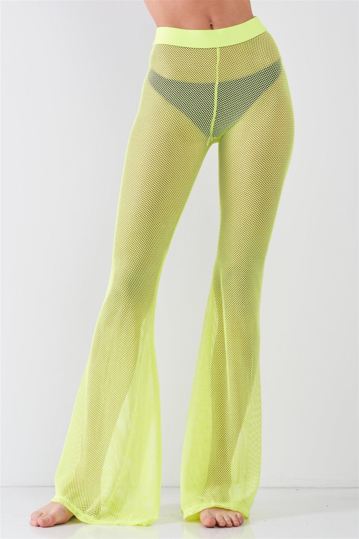 Neon Yellow Sheer Tennis Net Mesh High Waist Bell Bottom Pants /2-2-2-1