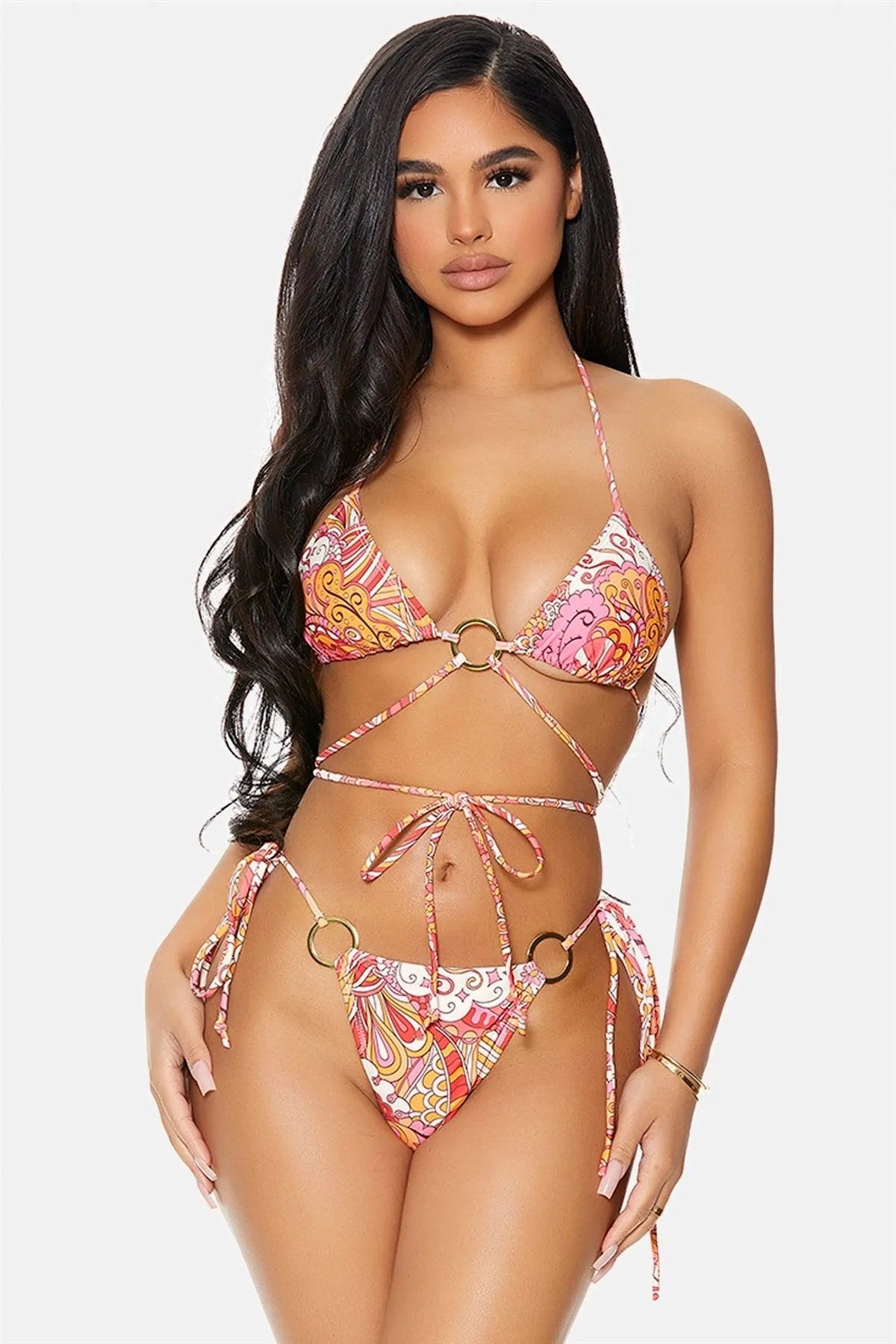 Raspberry Saint Kitts Gold Ring Bikini Triangle Strappy Swimwear 2 Piece Set - Tasha Apparel Wholesale