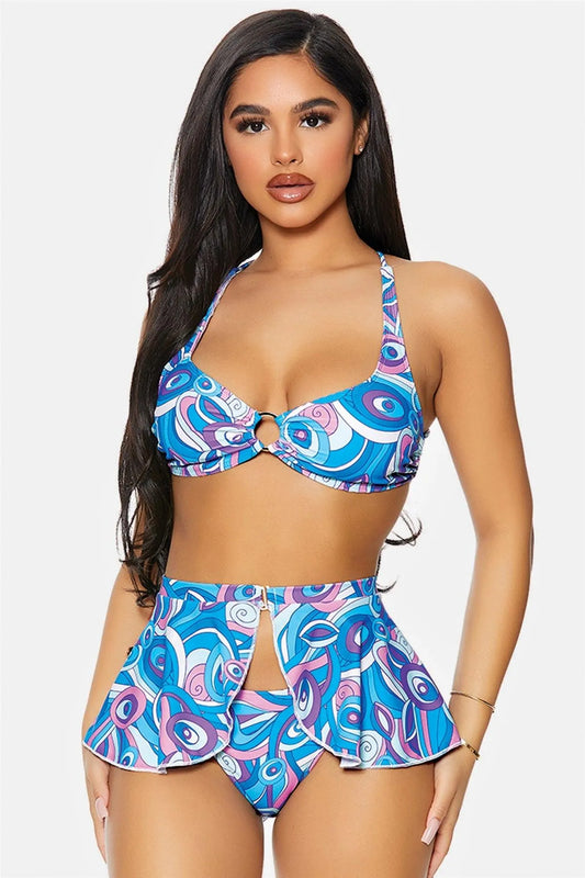 Blueberry Martinique Gold Ring Strappy Back Peplum Skirt Bikini Swimwear 3 Piece Set - Tasha Apparel Wholesale