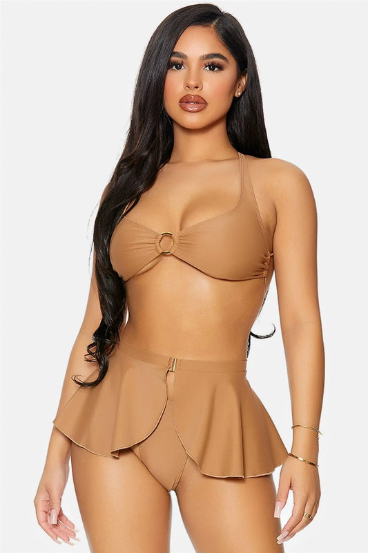 Mocha Martinique Gold Ring Strappy Back Peplum Skirt Bikini Swimwear 3 Piece Set - Tasha Apparel Wholesale