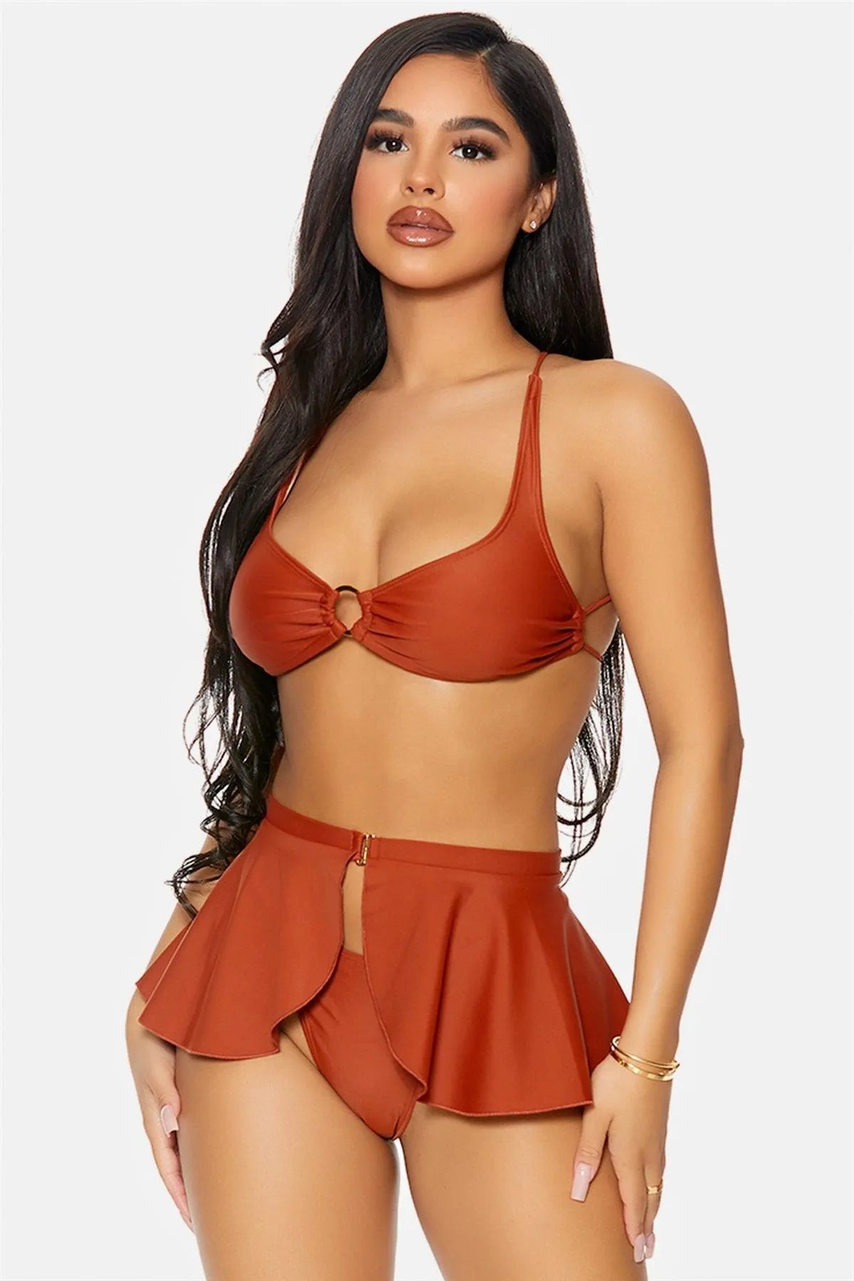 Rust Martinique Gold Ring Strappy Back Peplum Skirt Bikini Swimwear 3 Piece Set - Tasha Apparel Wholesale