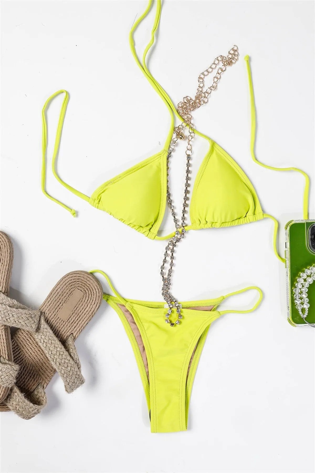 Lime Saint Martin Triangle Belly Chain String Side Bikini Swimwear 2 Piece Set - Tasha Apparel Wholesale
