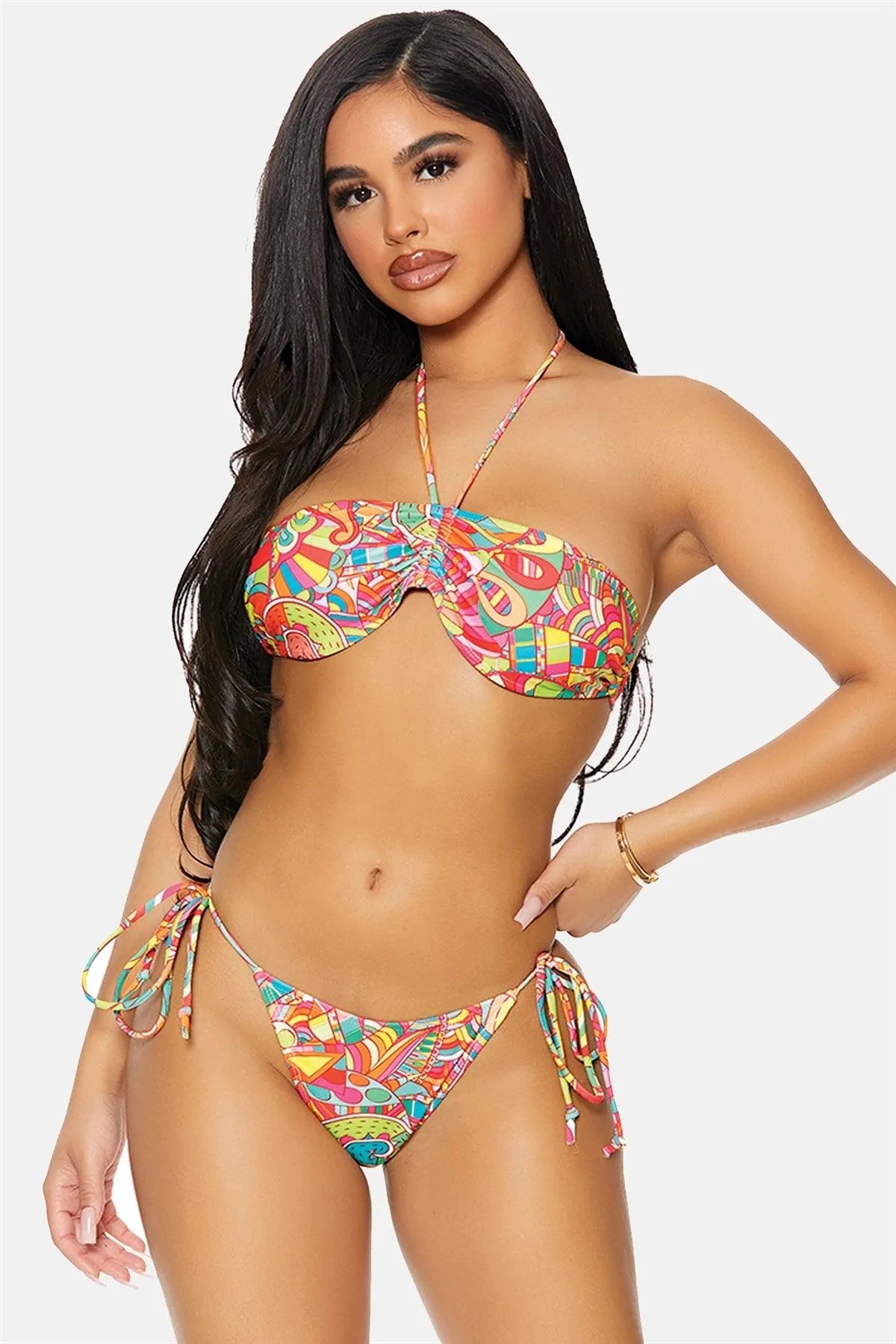 Kaleidoscope Multi Grenada Bandeau Gathered Drawstring Tie Side Bikini Swimwear 2 Piece Set - Tasha Apparel Wholesale