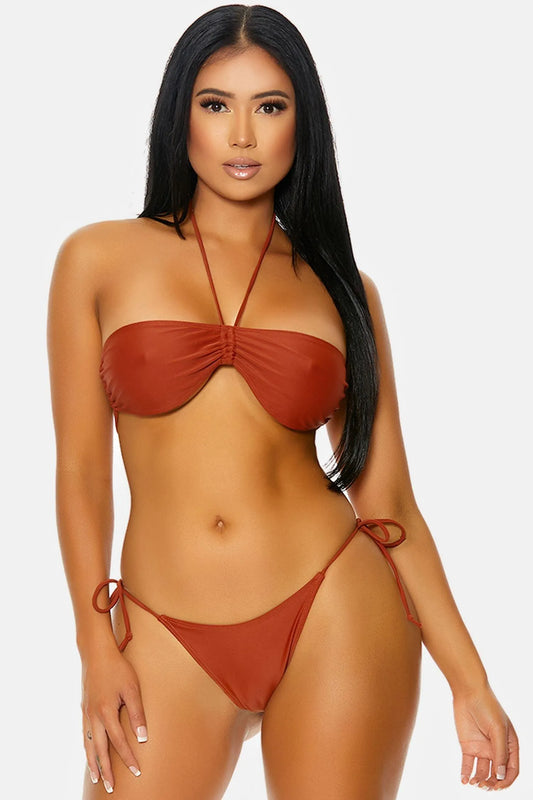 Rust Grenada Bandeau Gathered Drawstring Tie Side Bikini Swimwear 2 Piece Set - Tasha Apparel Wholesale