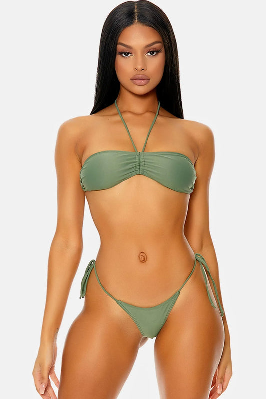 Sage Grenada Bandeau Gathered Drawstring Tie Side Bikini Swimwear 2 Piece Set - Tasha Apparel Wholesale