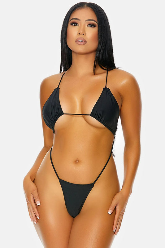 Black Anguilla Gathered Triangle Criss Cross T-string Sexy One Piece Swimsuit - Tasha Apparel Wholesale