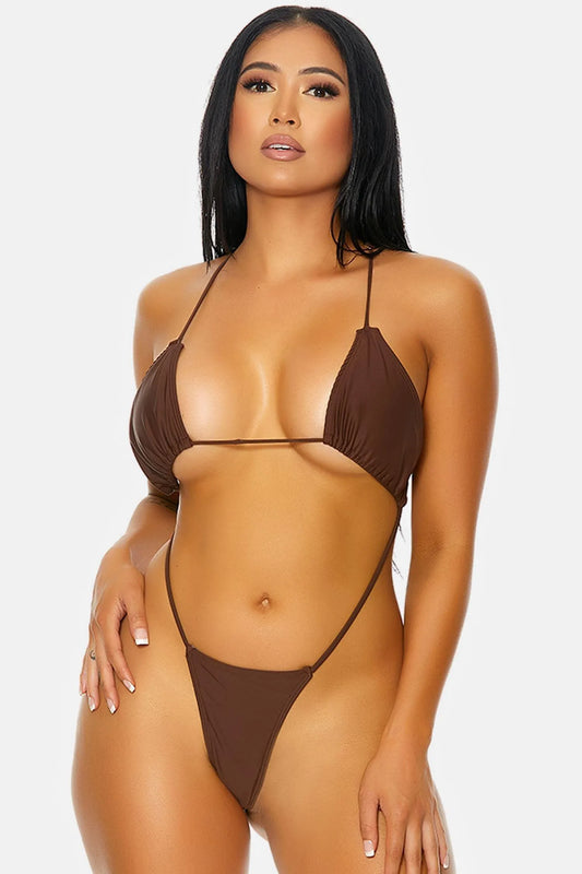 Chocolate Brown Anguilla Gathered Triangle Criss Cross T-string Sexy One Piece Swimsuit - Tasha Apparel Wholesale