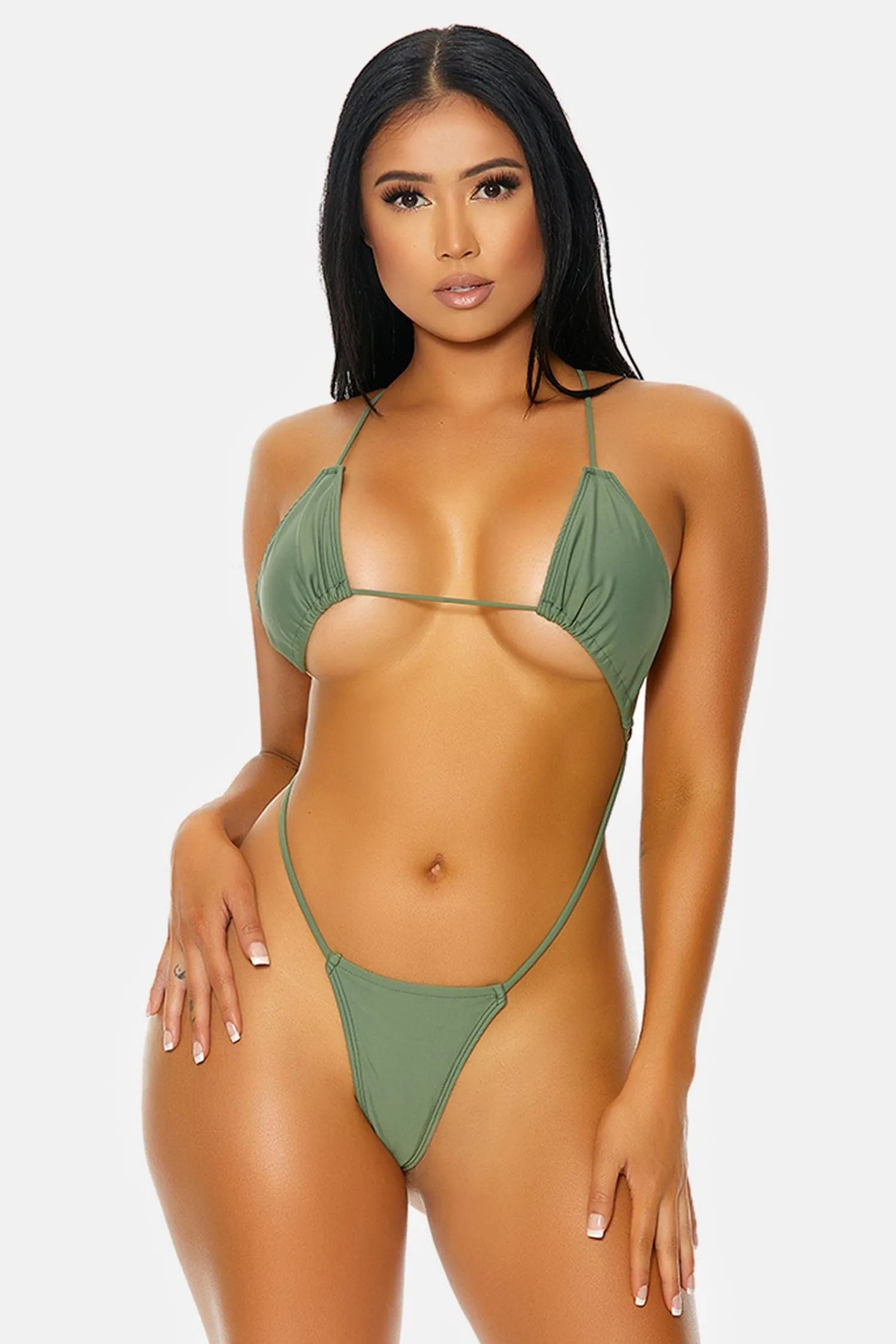 Sage Anguilla Gathered Triangle Criss Cross T-string Sexy One Piece Swimsuit - Tasha Apparel Wholesale