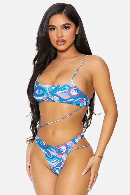 Blue Purple Bonaire Diagonal Strappy One Piece Bikini - Tasha Apparel Wholesale