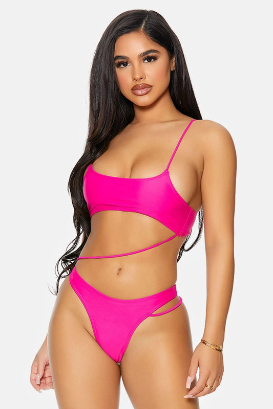 Fuchsia Bonaire Diagonal Strappy Hip One Piece Swimsuit - Tasha Apparel Wholesale
