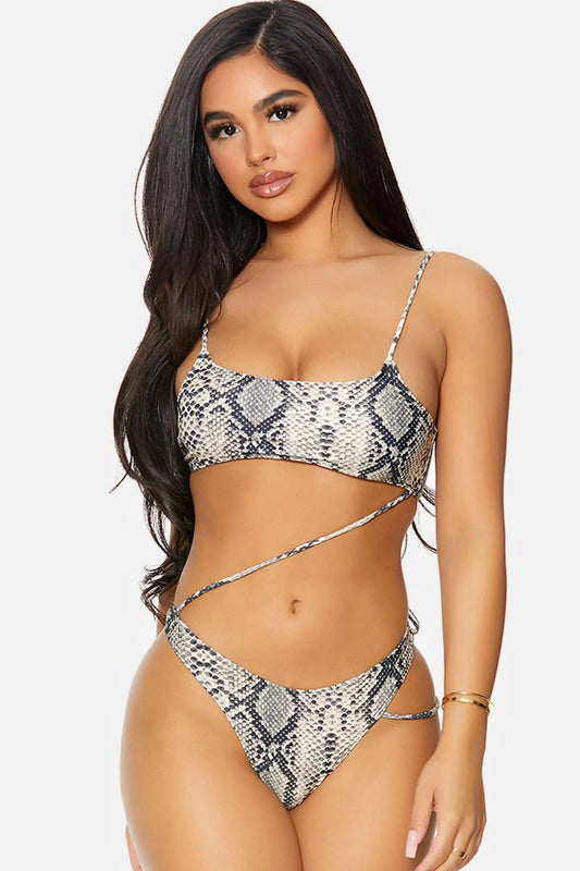 Reptile Print Bonaire Diagonal Strappy Hip One Piece Swimsuit - Tasha Apparel Wholesale