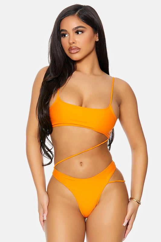Tangerine Orange Bonaire Diagonal Strappy Hip One Piece Swimsuit - Tasha Apparel Wholesale