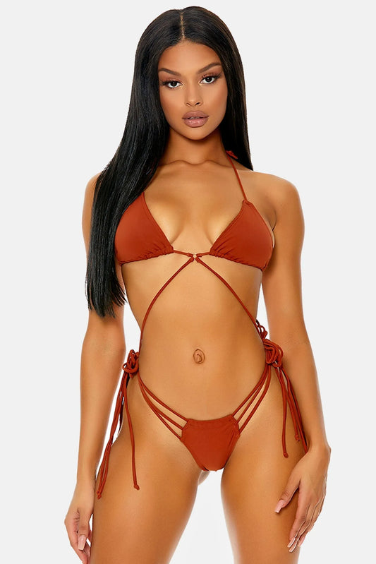 Rust Aruba Halter Triangle Adjustable Ties Multi Side Strap Thong Bikini Swimwear 2 Piece Set - Tasha Apparel Wholesale