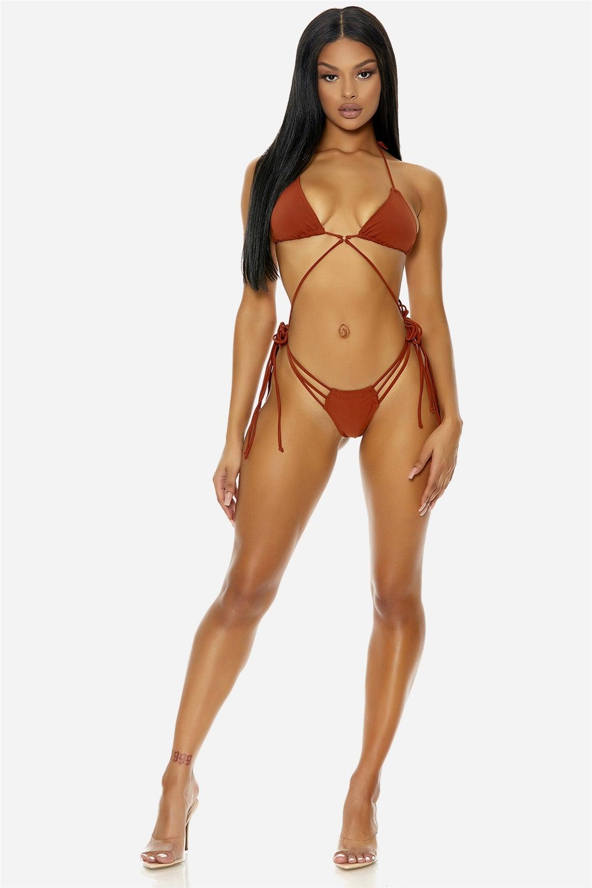 Rust Aruba Halter Triangle Adjustable Ties Multi Side Strap Thong Bikini Swimwear 2 Piece Set
