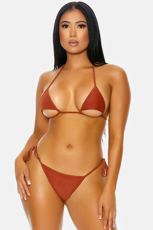 Rust Halter Triangle Cups Tie Side Bikini Swimwear - Tasha Apparel Wholesale