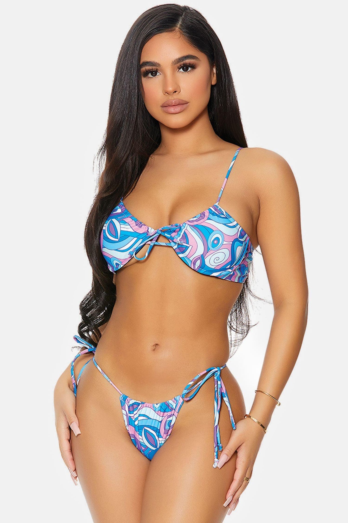 Blueberry Blue Purple Saint Croix Underwire Top Adjustable Ties Thong Bikini Swimwear 2 Piece Set