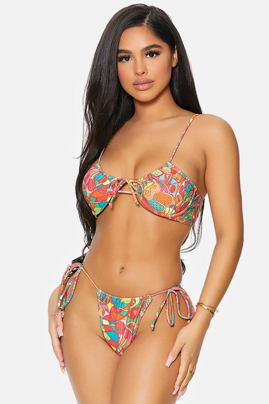 Multi Kaleidoscope Saint Croix Underwire Top Adjustable Ties Thong Bikini Swimwear 2 Piece Set - Tasha Apparel Wholesale