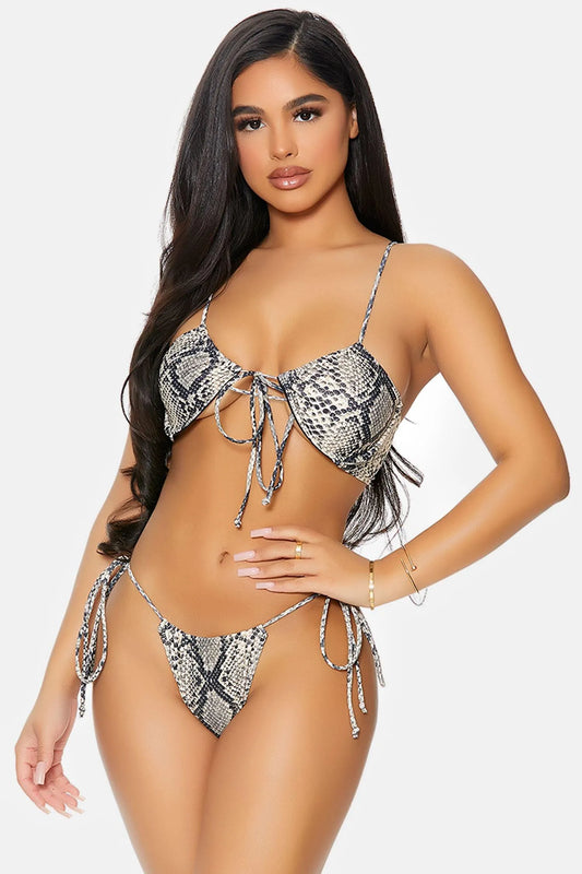 Reptile Snake Print Saint Croix Underwire Top Adjustable Ties Thong Bikini Swimwear 2 Piece Set - Tasha Apparel Wholesale