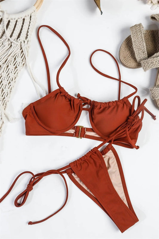 Rust Saint Croix Underwire Top Adjustable Ties Thong Bikini Swimwear 2 Piece Set - Tasha Apparel Wholesale