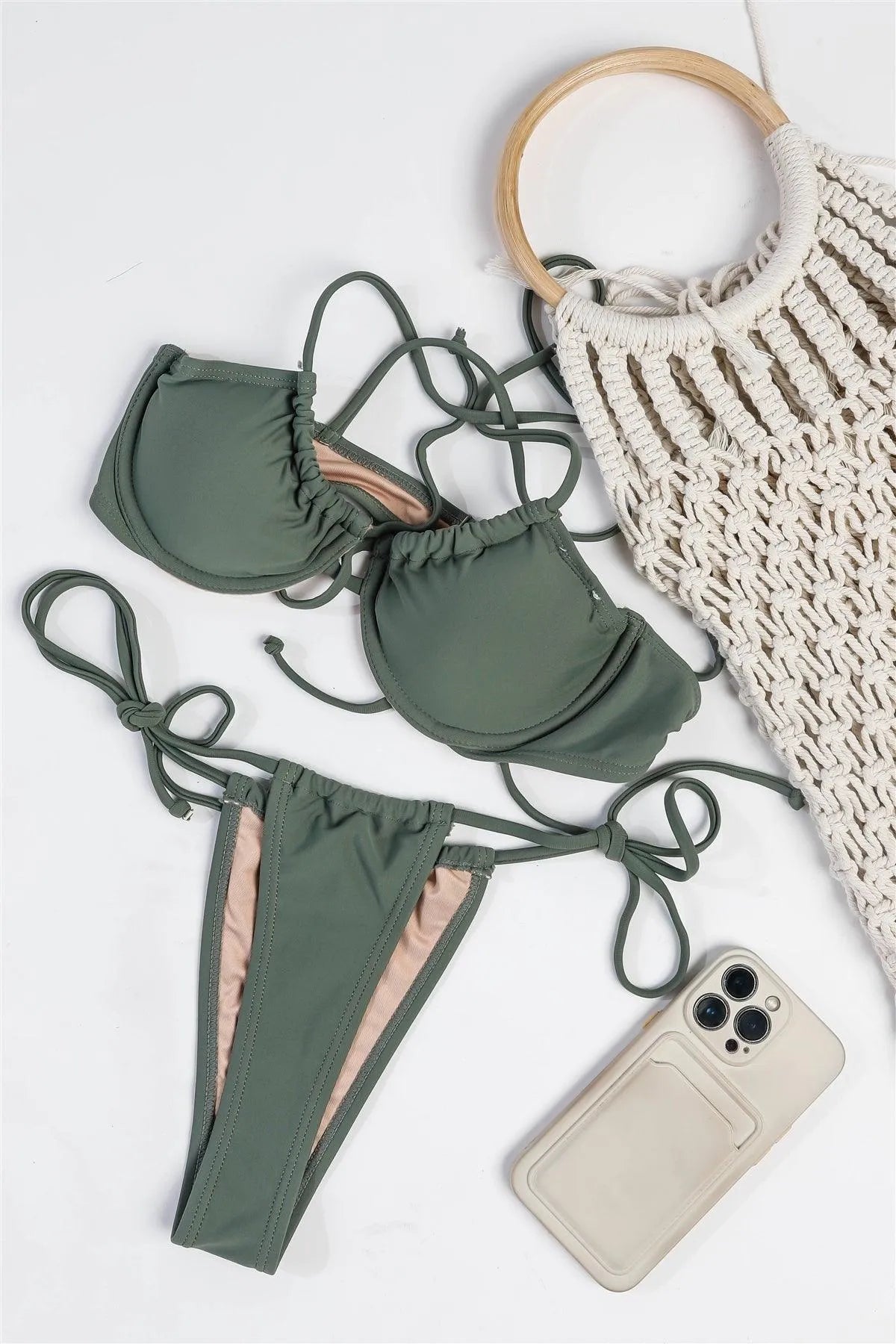 Sage Saint Croix Underwire Top Adjustable Ties Thong Bikini Swimwear 2 Piece Set - Tasha Apparel Wholesale