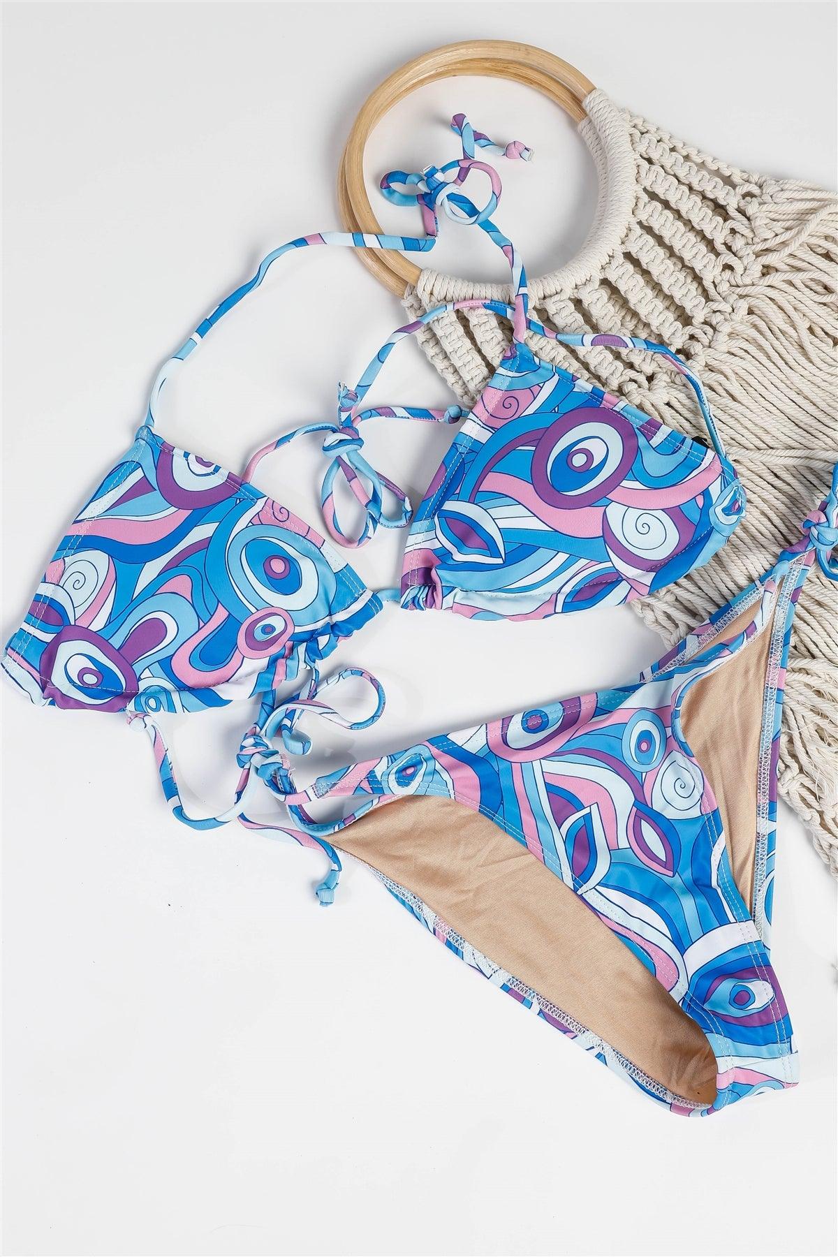 Blue Multicolor Printed Halter Triangle Top & Self-Tie Bottom Bikini Set Swimsuit