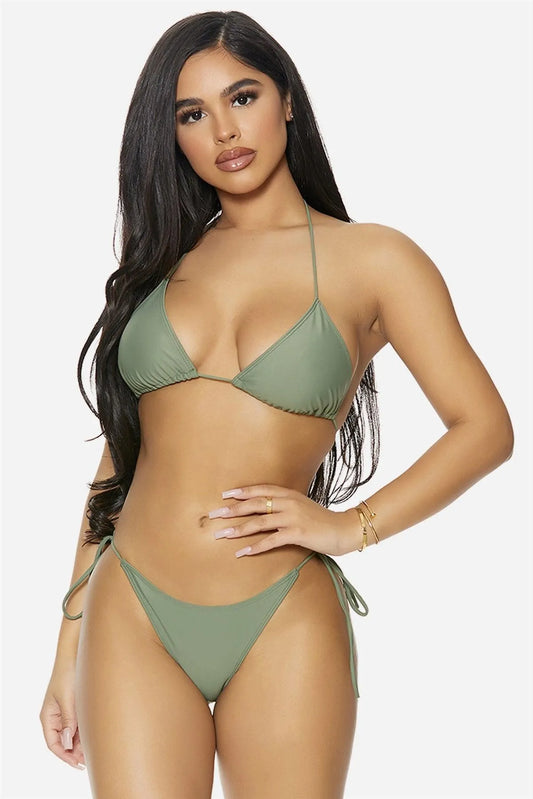 Sage Halter Triangle Top & Self-Tie Bottom Bikini Set Swimsuit - Tasha Apparel Wholesale