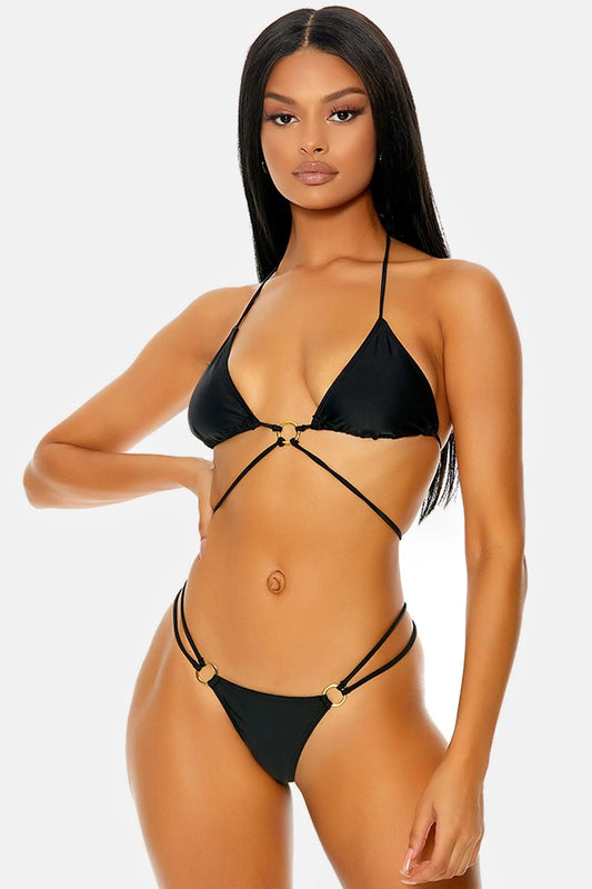 Black Curacao Triangle Gold Ring Wrap Double Strap Bikini Swimwear 2 Piece Set - Tasha Apparel Wholesale