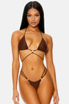 Chocolate Brown Curacao Triangle Gold Ring Wrap Double Strap Bikini Swimwear 2 Piece Set