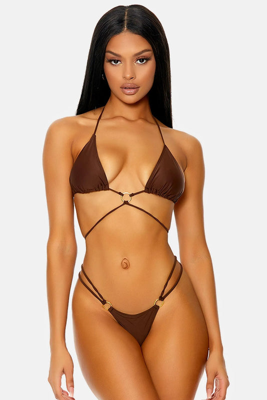 Chocolate Curacao Triangle Gold Ring Wrap Double Strap Bikini - Tasha Apparel Wholesale