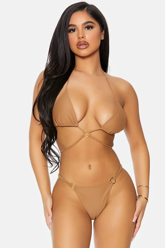 Mocha Curacao Triangle Gold Ring Wrap Double Strap Bikini - Tasha Apparel Wholesale