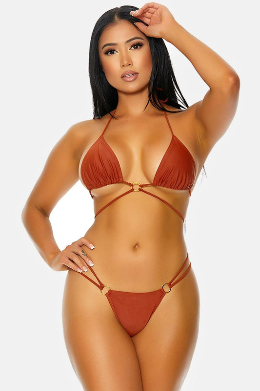 Rust Curacao Triangle Gold Ring Wrap Double Strap Bikini - Tasha Apparel Wholesale