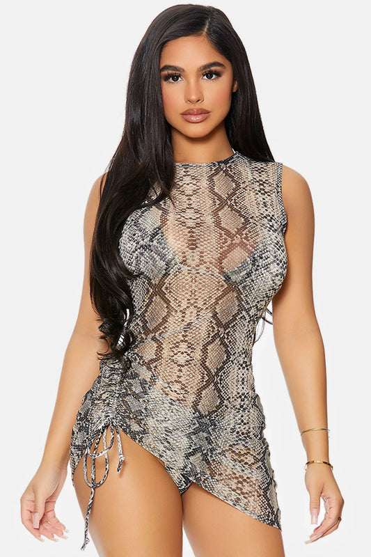 Reptile Snake Print Full Coverage Ruched Mesh Sleeveless Pool Swimwear Coverup Dress - Tasha Apparel Wholesale