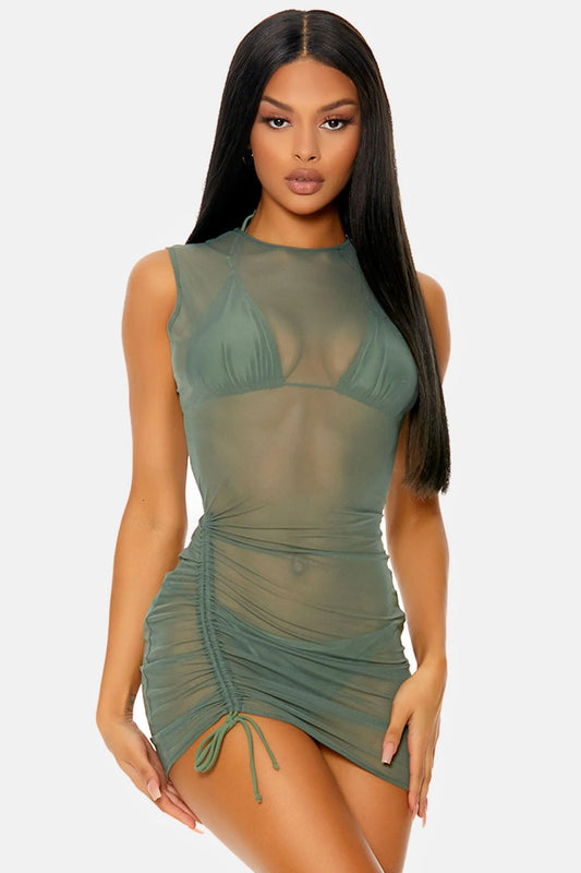 Sage Full Coverage Ruched Mesh Sleeveless Pool Swimwear Coverup Dress - Tasha Apparel Wholesale