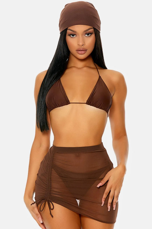 Chocolate Brown Covered Up Ruched Mesh Pool Swimwear High Waist Skirt - Tasha Apparel Wholesale