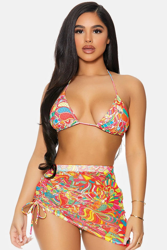 Multi Kaleidoscope Covered Up Ruched Mesh Pool Swimwear High Waist Skirt - Tasha Apparel Wholesale