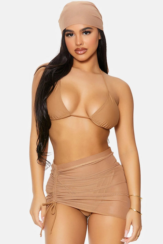 Mocha Covered Up Ruched Mesh Pool Swimwear High Waist Skirt - Tasha Apparel Wholesale