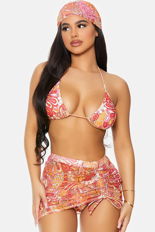Raspberry Pink Covered Up Ruched Mesh Pool Swimwear High Waist Skirt - Tasha Apparel Wholesale