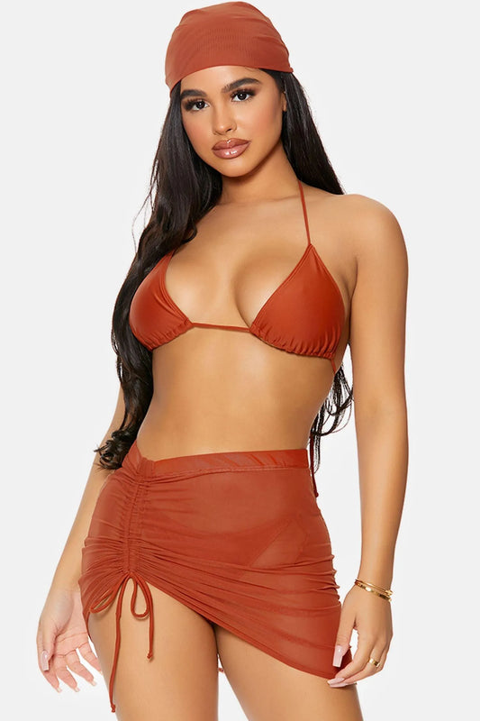 Rust Covered Up Ruched Mesh Pool Swimwear High Waist Skirt - Tasha Apparel Wholesale