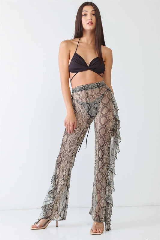 Reptile Snake Grey Sheer Mesh Sexy Ruffle High Waist Pants - Tasha Apparel Wholesale